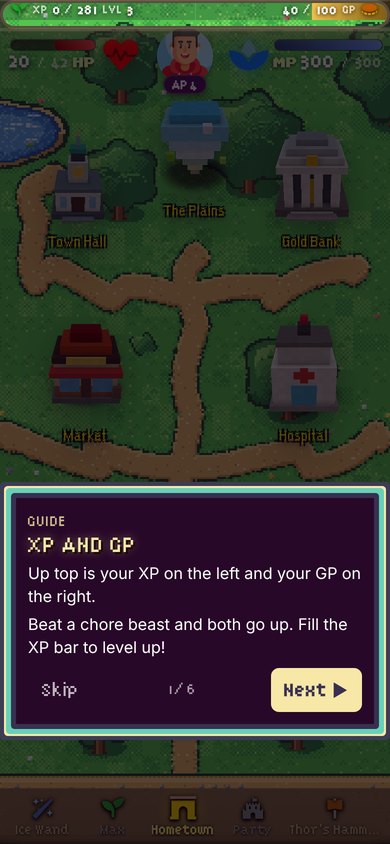Hometown map with the XP and GP guide
